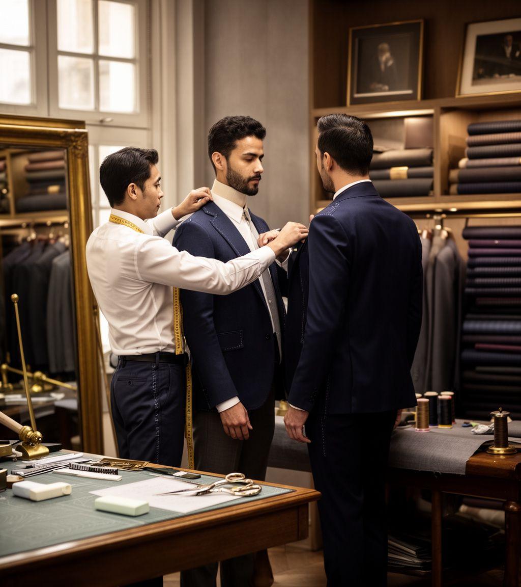 Marlowe tailor pinning a half-made jacket on a client in the atelier