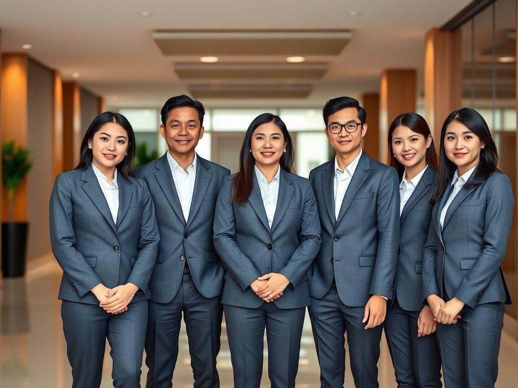 Corporate team in coordinated tailored uniforms