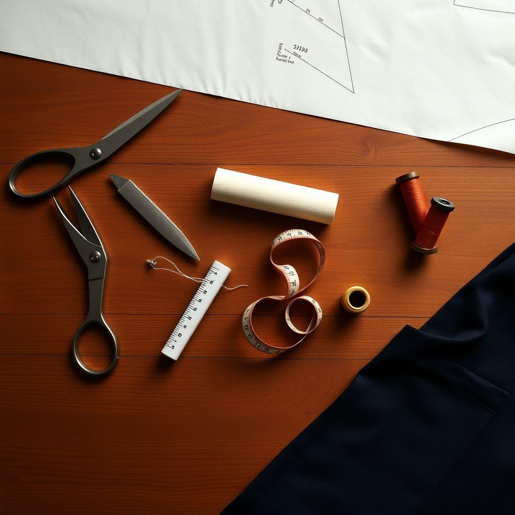 Shears, chalk and a half-cut pattern on the cutting table