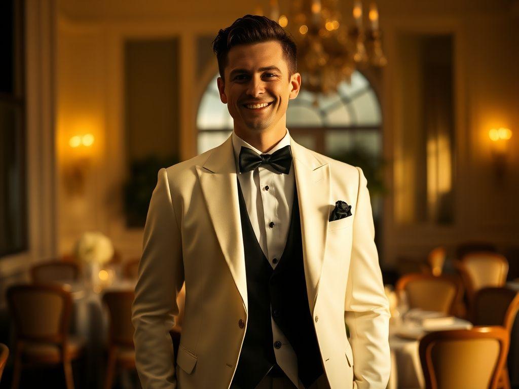 Groom in a tailored ivory dinner jacket